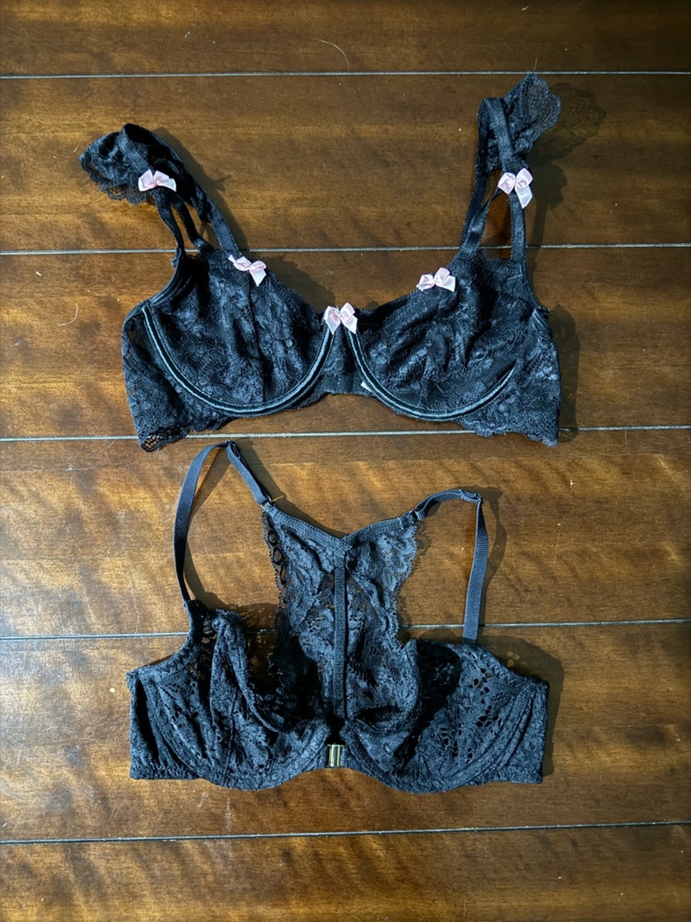Black Lace Underwire Bra Set of Two with Pink Bow Accents
